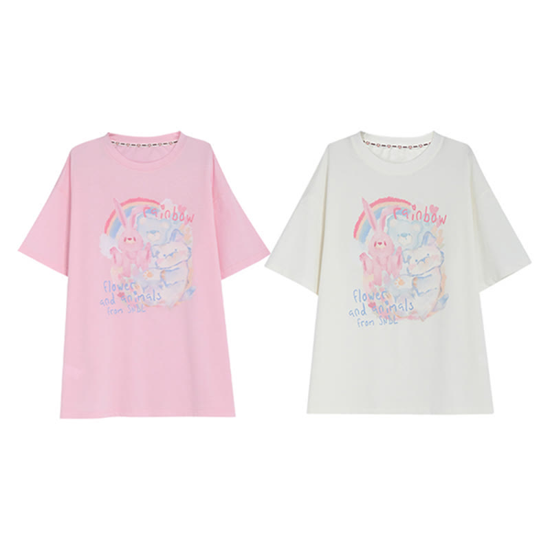 Rainbow Bunny Letter Print Matching Best Friends Loose T-Shirt - image 2