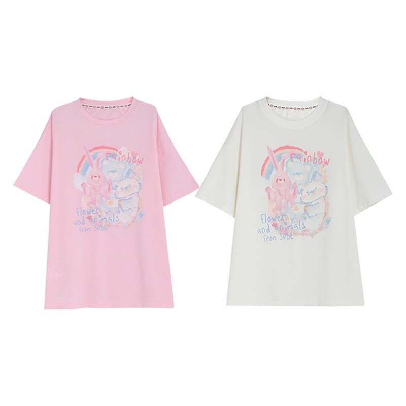 Rainbow Bunny Letter Print Matching Best Friends Loose T-Shirt - image 2