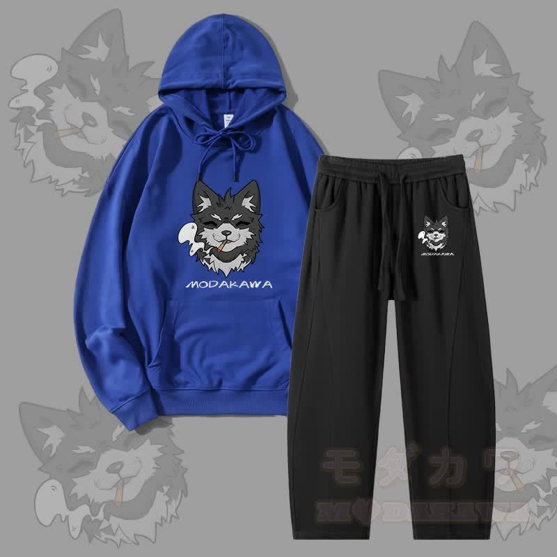 MODAKAWA Koda Smoking Puppy Graphic Hoodie Men Drawstring Pants Two Pieces Set - Blue&Black - 4XL - image 8