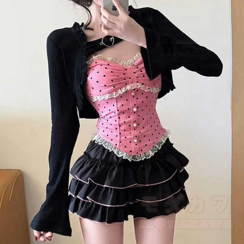 Y2K Sweet Polka Dot Cami Top Cropped Cardigan Ruffle Skirt Three Pieces Set - image 5