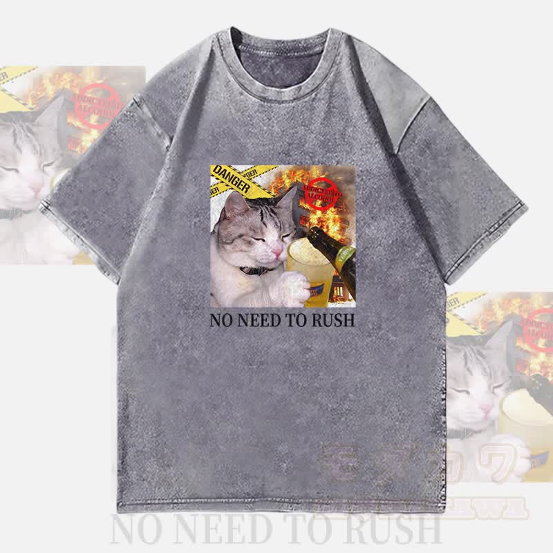 MODAKAWA NO NEED TO RUSH Drinking Cat Graphic Unisex Vintage Washed T-Shirt - Grey - 4XL - image 3