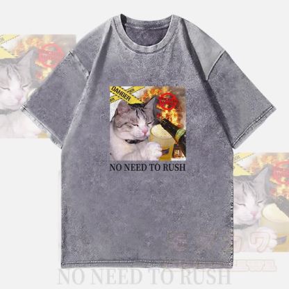 MODAKAWA NO NEED TO RUSH Drinking Cat Graphic Unisex Vintage Washed T-Shirt - Grey - 4XL - image 3