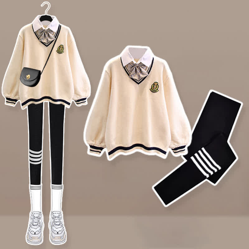 Fake Matching Outfit Bow Decor Sweater Pleated Skirt Plush Pants Matching Outfit - Set D - XL - image 13