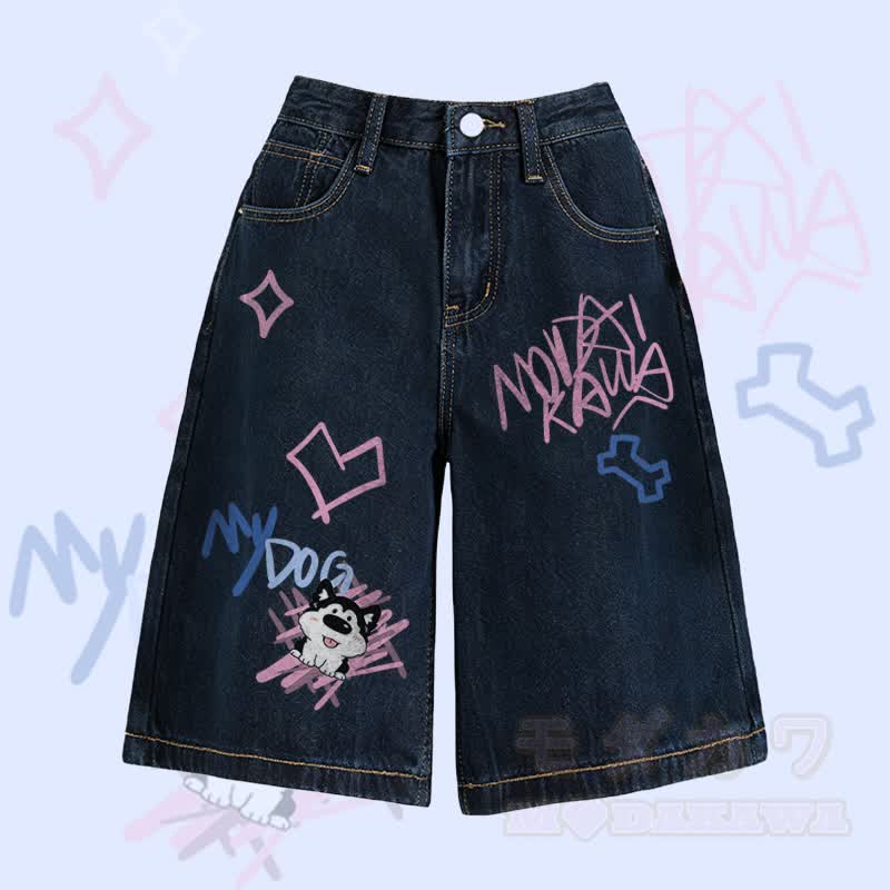 MODAKAWA Tongue Out Puppy Graphic Bermuda Denim Shorts - Dark Blue - 2XL - image 5