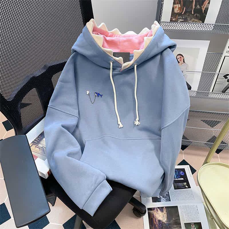 Cartoon Shark Brooch Pocketed Hoodie - Blue(Normal) - One Size - image 1