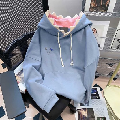 Cartoon Shark Brooch Pocketed Hoodie - Blue(Normal) - One Size - image 1