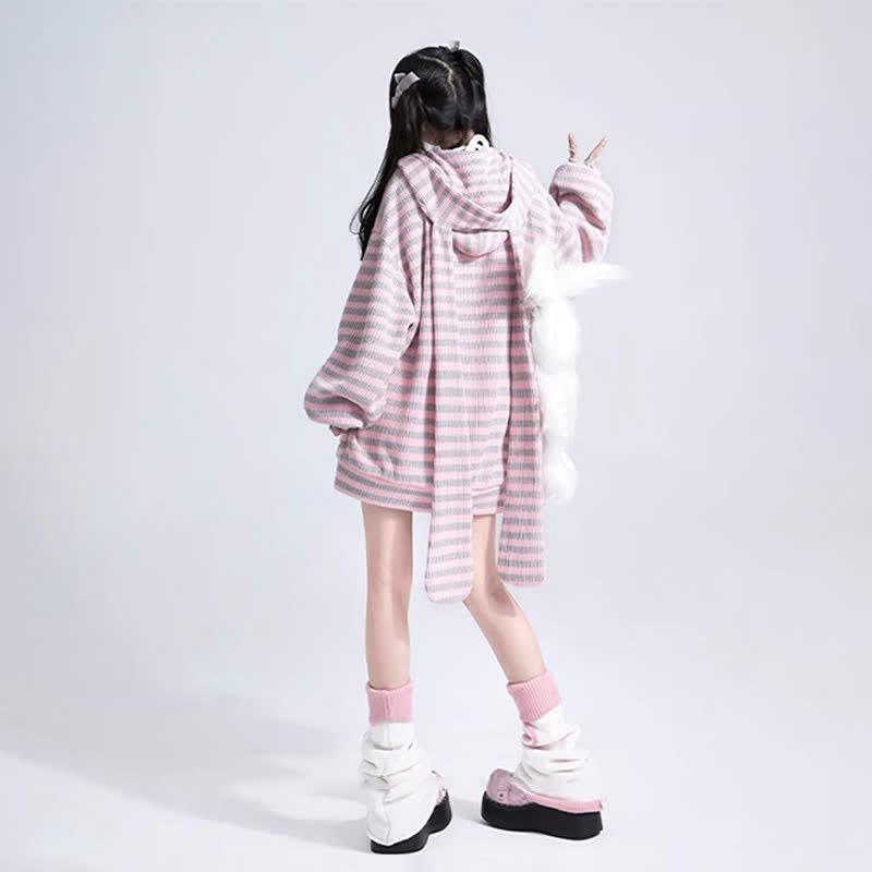 Long Bunny Ears Pocket Oversize Zipper Hooded Sweatshirt   - Pink Stripe - 3XL - image 10