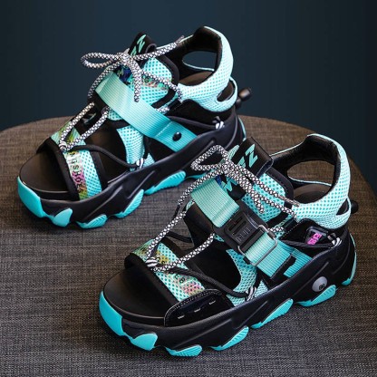 Lace-up Open Toe Platform Sandals - Green - 39 - image 3