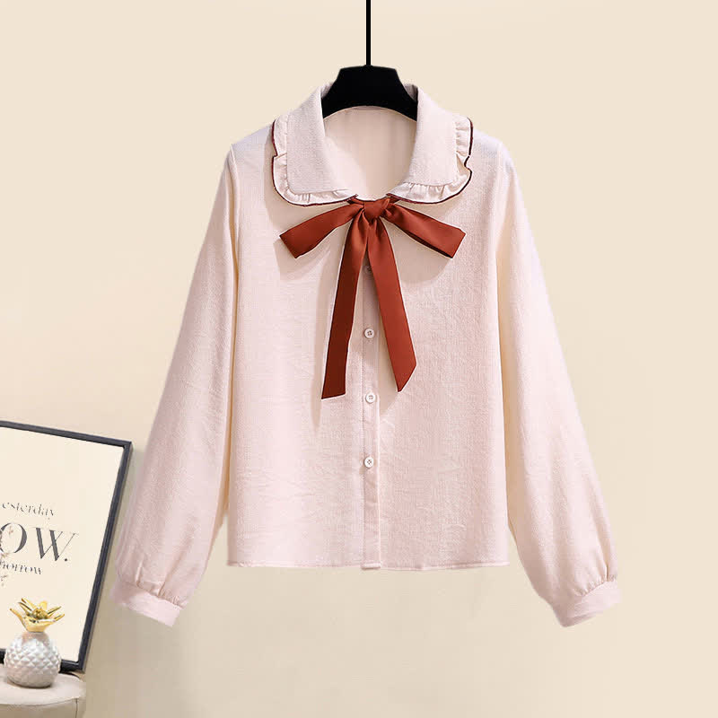 V-neck Cardigan Sweater Bow Tie Shirt Pleated Skirt Three Pieces Set - Shirt - XL - image 3