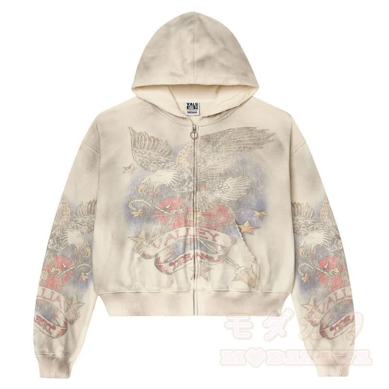 Y2K Vintage Letter Print Zip Up Hooded Jacket - Beige - 4XL - image 16