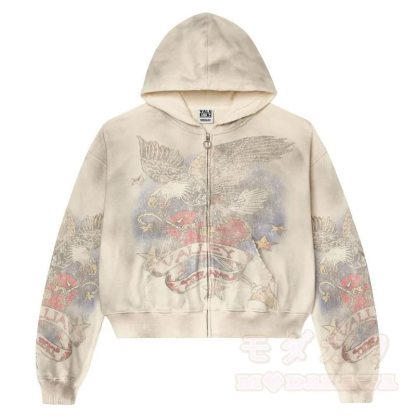Y2K Vintage Letter Print Zip Up Hooded Jacket - Beige - 4XL - image 16