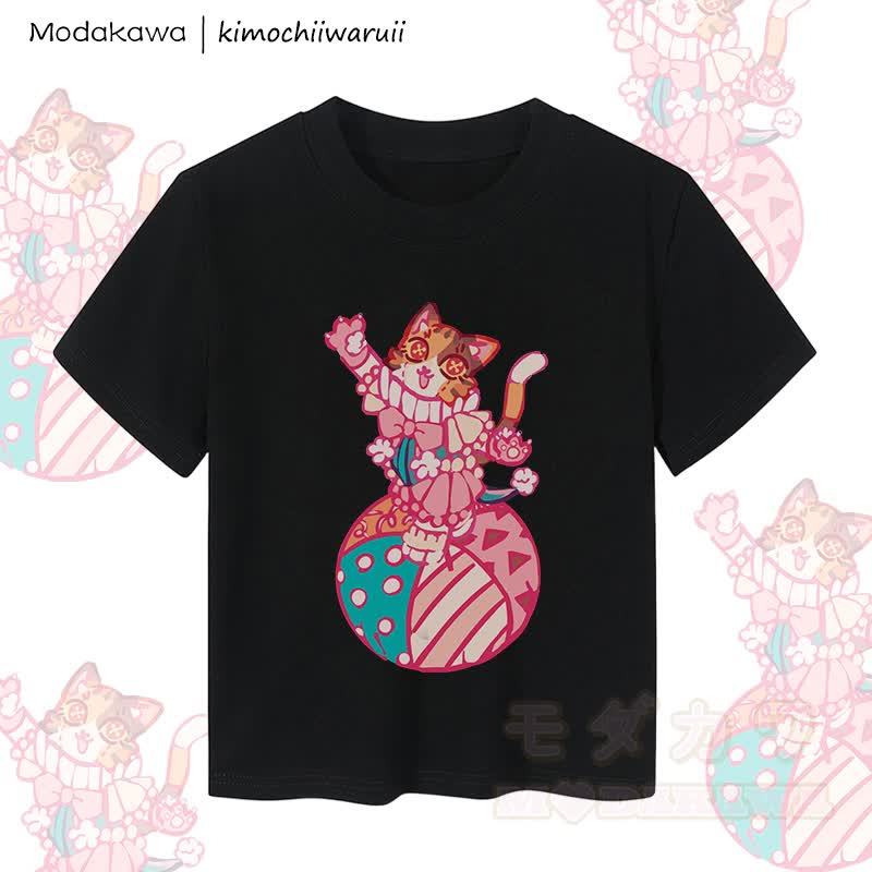MODAKAWA X kimochiiwaruii Circus Cat Graphic Women's Cropped T-Shirt 92% Combed Cotton Crop Top - Black - XL - image 4