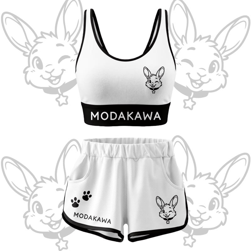 Wink Bunny Graphic Crop Tank Sport Top Shorts Bikini Modakawa Matching Outfit - White Set - 5XL - image 16