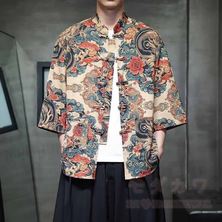 Chinese Dragon Print Frog Button Open Front Mandarin Shirt - Multicolor D - 5XL - image 6