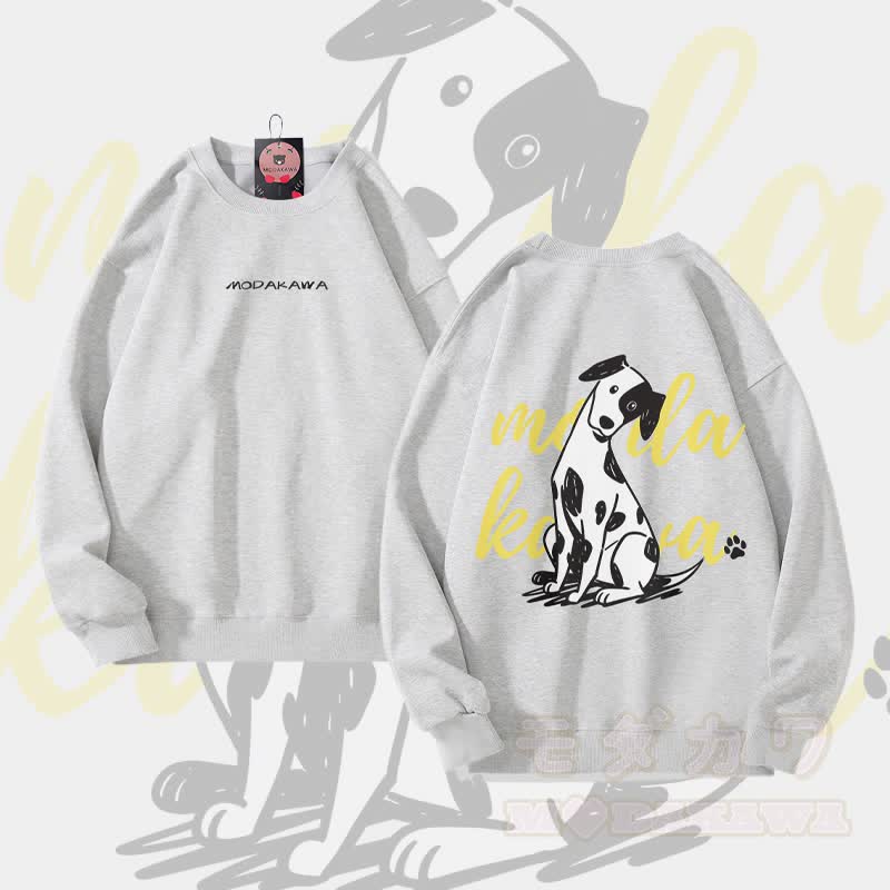 MODAKAWA Playful Spotted Dog Graphic Unisex Sweatshirt - Light Grey - 5XL - image 5