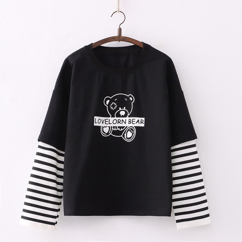 Cartoon Bear Letter Print Stripe Sleeve Sweatshirt - Black - One Size - image 1