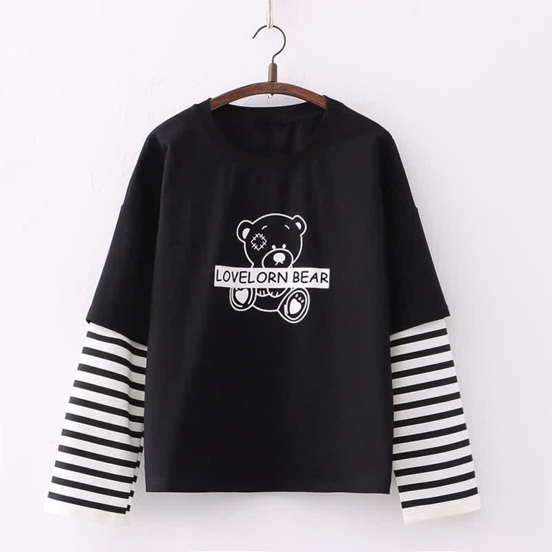 Cartoon Bear Letter Print Stripe Sleeve Sweatshirt - Black - One Size - image 1