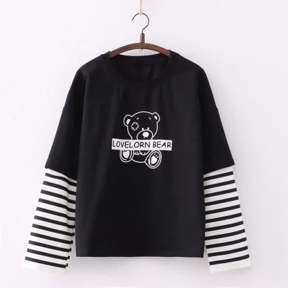 Cartoon Bear Letter Print Stripe Sleeve Sweatshirt - Black - One Size - image 1
