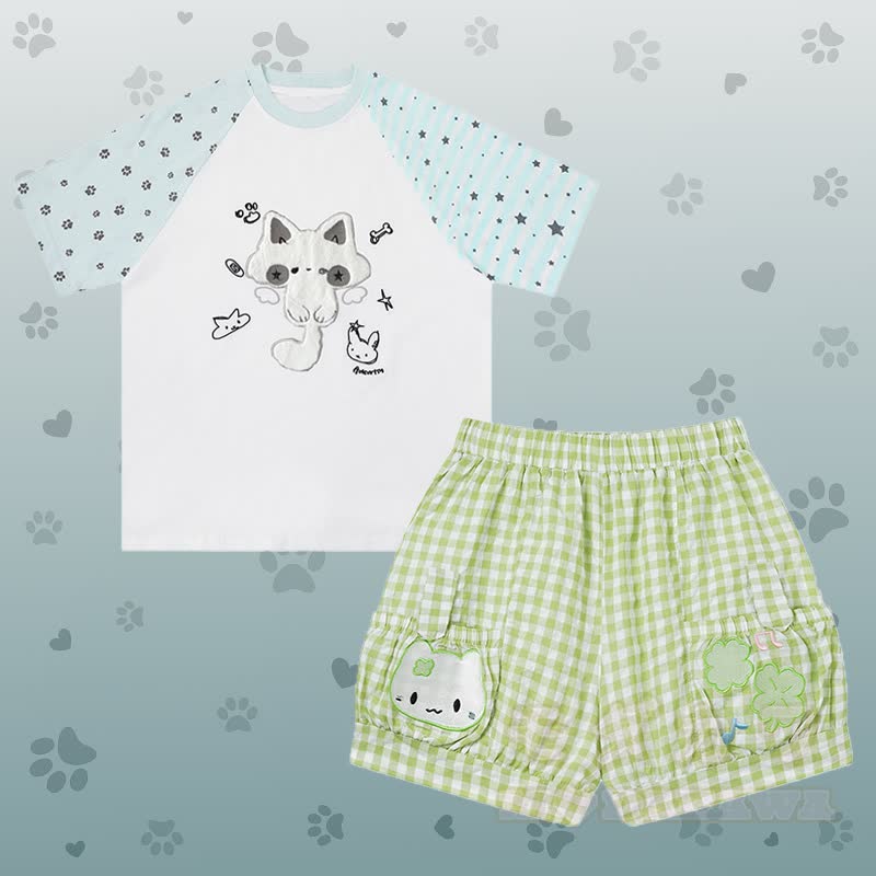 Flock Cat Graphic Raglan T-shirt Kitty Gingham Shorts Modakawa Matching Outfit - Set D - L - image 4