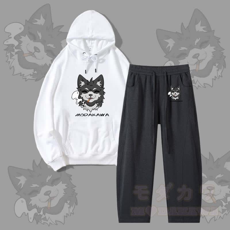 MODAKAWA Koda Smoking Puppy Graphic Hoodie Men Drawstring Pants Two Pieces Set - White&Dark Grey - 4XL - image 7
