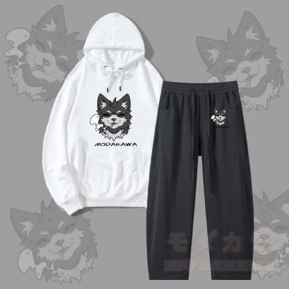 MODAKAWA Koda Smoking Puppy Graphic Hoodie Men Drawstring Pants Two Pieces Set - White&Dark Grey - 4XL - image 7