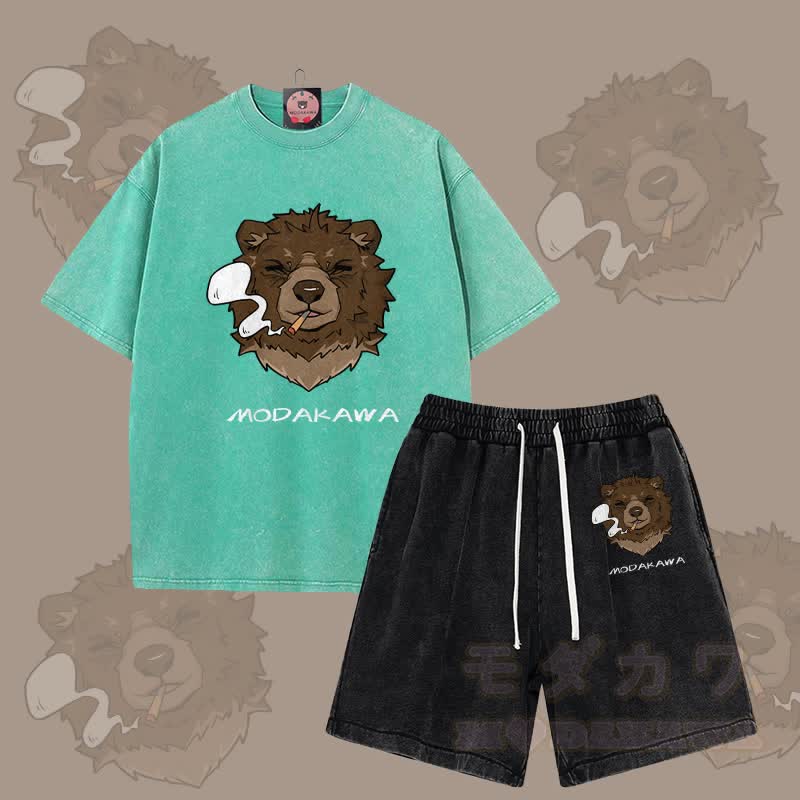 MODAKAWA Smoking Bear Graphic Vintage Washed T-shirt Shorts Two Pieces Set - Green&Black - 3XL - image 12