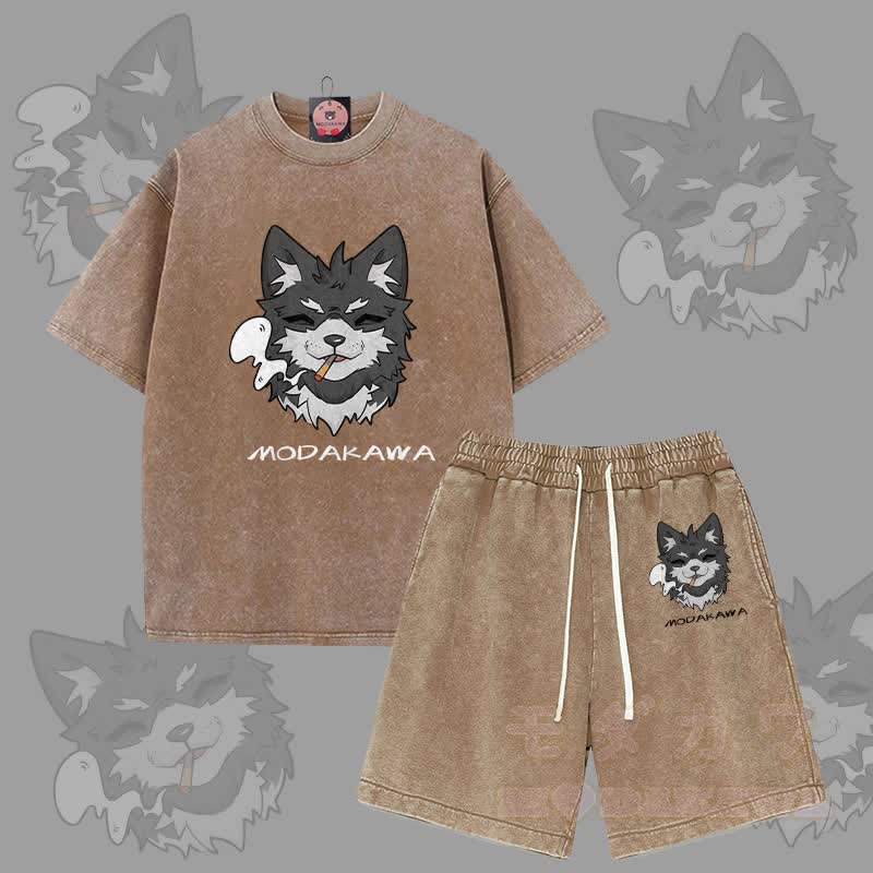 MODAKAWA Smoking Puppy Graphic Vintage Washed T-shirt Shorts Two Pieces Set - Brown - 3XL - image 8