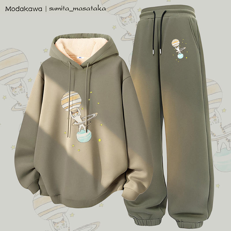 MODAKAWA X sumita_masataka Cat Lifting Saturn Graphic Thick Fleece Lined Hoodie Pants Two Pieces Set - Green - 5XL - image 3