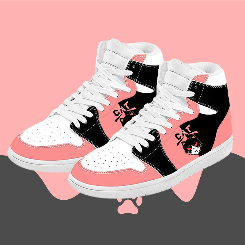 MODAKAWA Black Cat Graphic Color Block High Top Canvas Shoes - Pink - 48 - image 2
