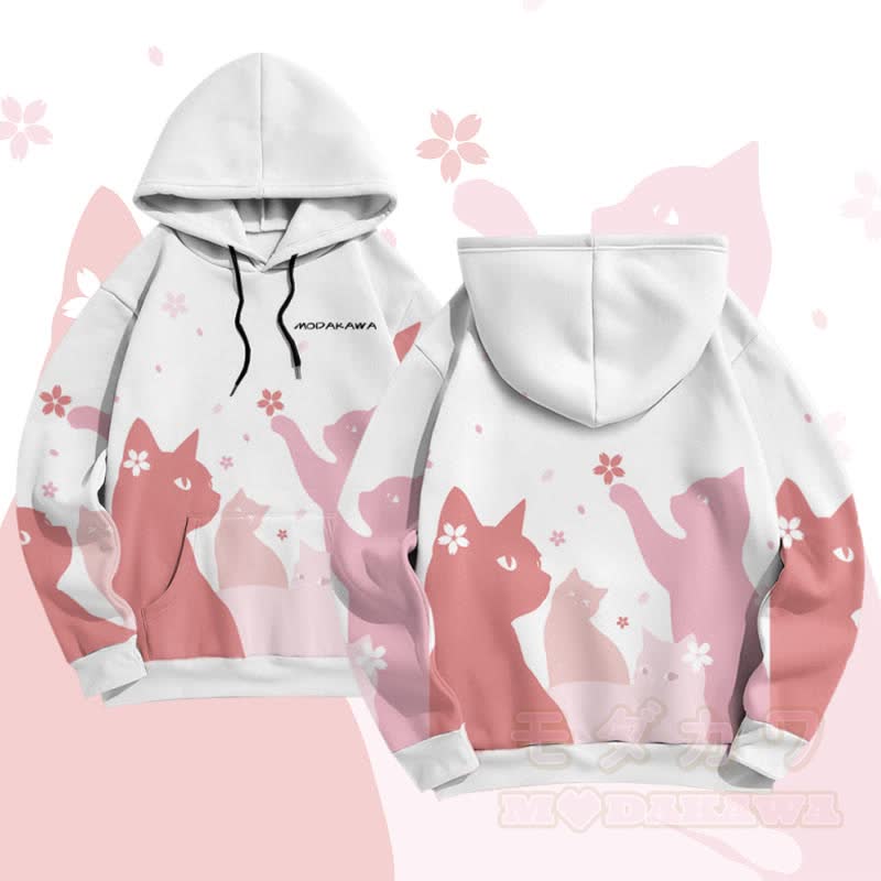MODAKAWA Sakura Cat Graphic All Over Print Pullover Hoodie - White - 5XL - image 3