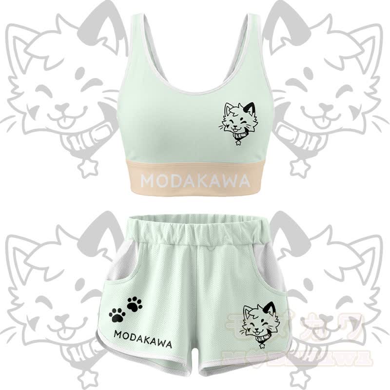 Kitty Graphic Crop Tank Sport Top Shorts Bikini Modakawa Matching Outfit - Green Set - 5XL - image 15