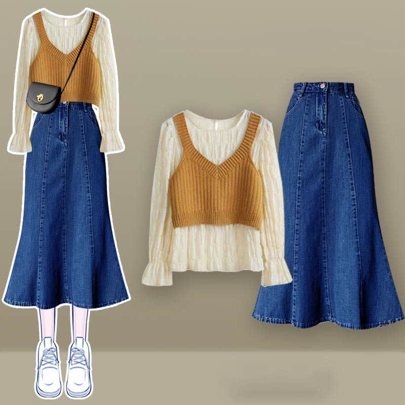 Pure Color Vest Shirt High Waist Fishtail Denim Skirt Matching Outfit - Orange Shirt+Vest +Blue Skirt - XL - image 1