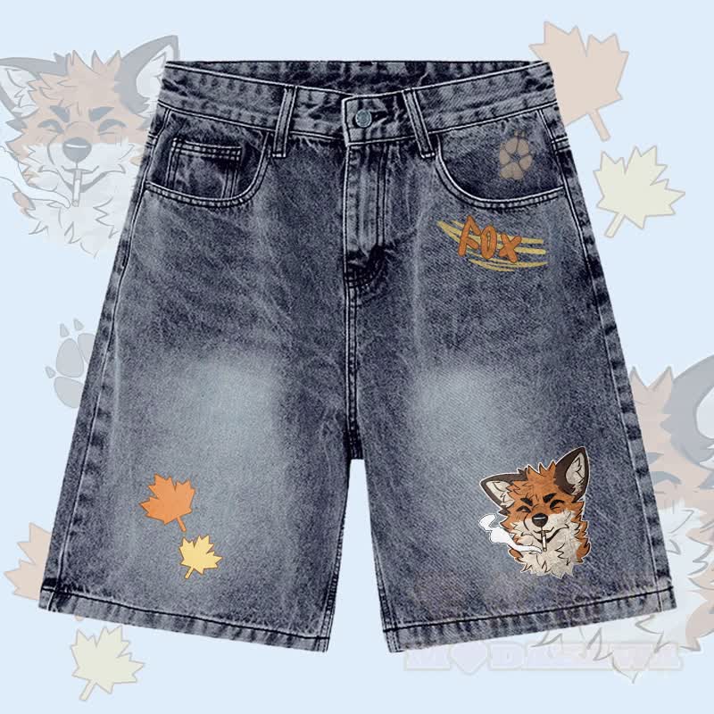 MODAKAWA X atka Fox Smoking Graphic Denim Shorts - Grey - 3XL - image 3