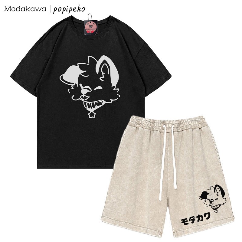 MODAKAWA X popipeko Puppy Letter T-shirt Vintage Washed Shorts Two Pieces Set - Black&Apricot - 3XL - image 10