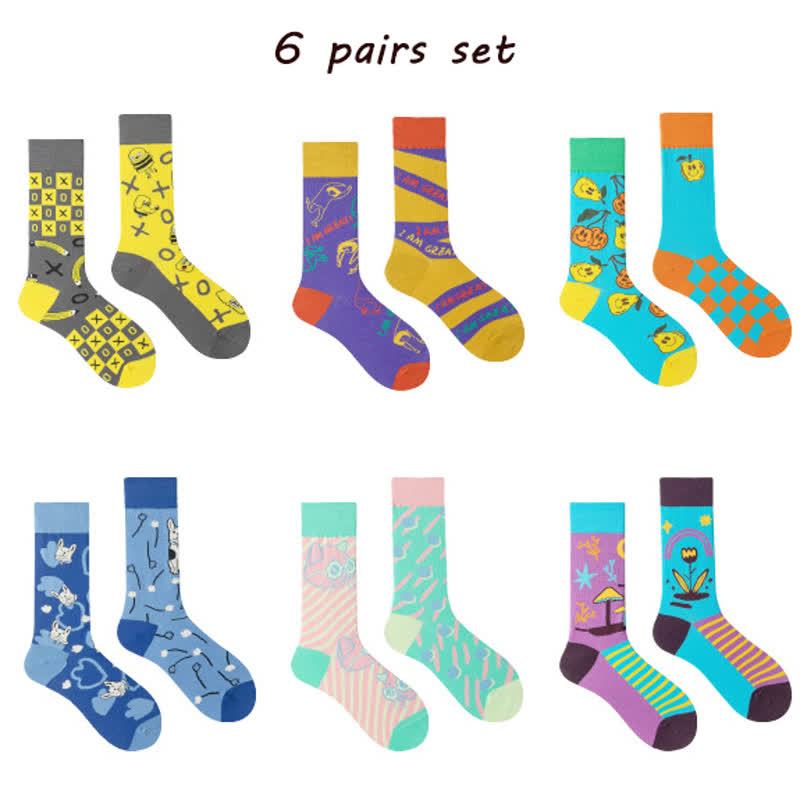 Colorful Asymmetric Printed Mid Calf Socks - Set B - One Size - image 20