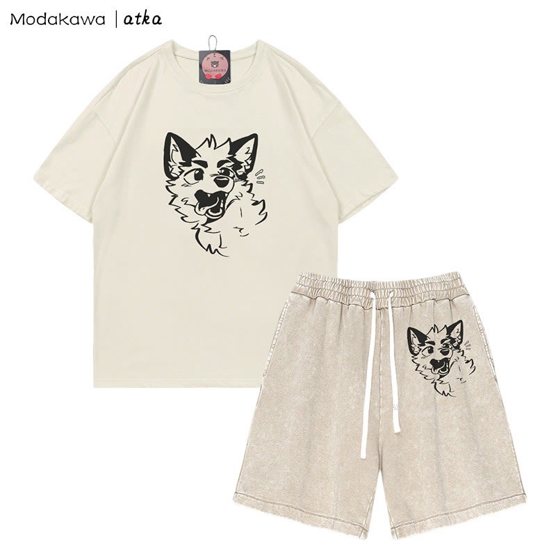 MODAKAWA X atka Playful Fox Face Graphic T-shirt Vintage Washed Shorts Two Pieces Set - Beige - 3XL - image 3