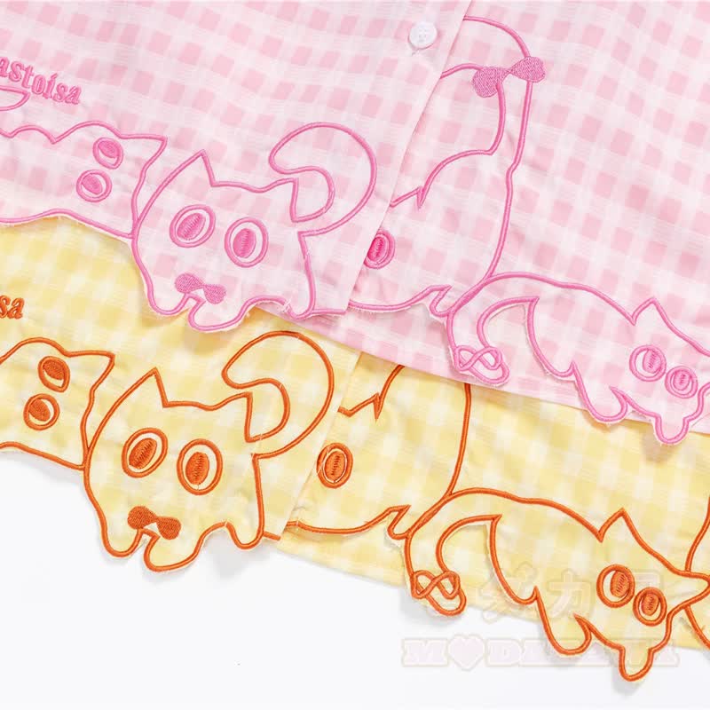 High Quality Cat Embroidery Plaid Long Sleeve Loose Shirt - image 6