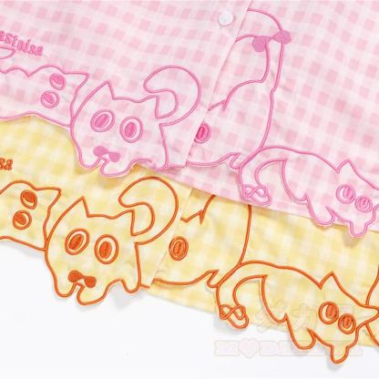 High Quality Cat Embroidery Plaid Long Sleeve Loose Shirt - image 6