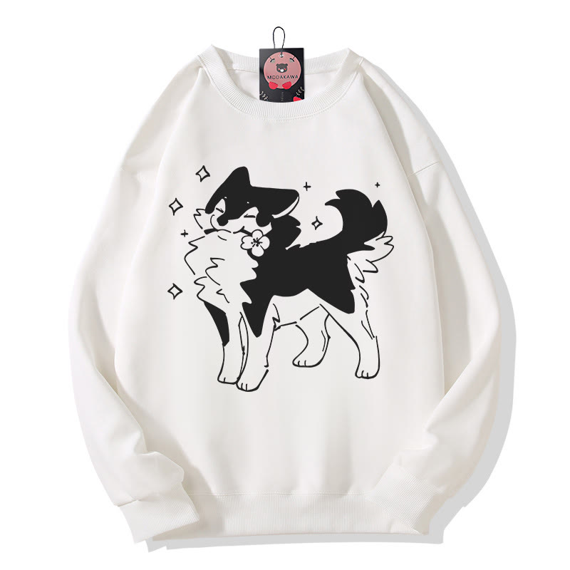 Playful Puppy With Flower Graphic Round Collar Sweatshirt - White - 5XL - image 4