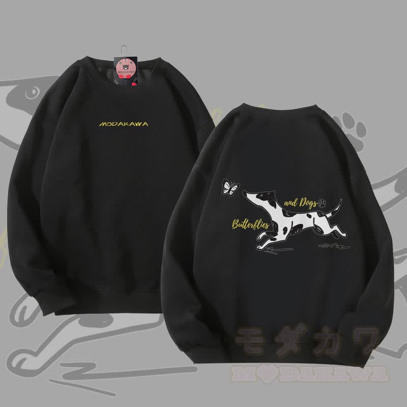 MODAKAWA Spotted Dog and Butterfly Graphic Unisex Sweatshirt - Black - 5XL - image 3