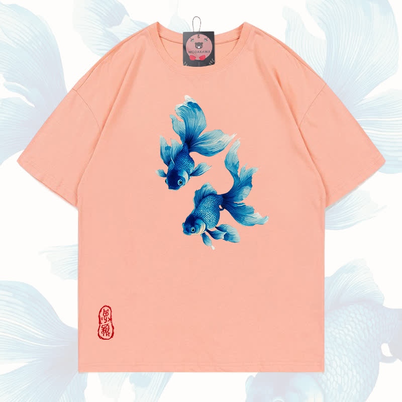 MODAKAWA Fish Graphic 100% Cotton T-shirt - Peach - 5XL - image 12