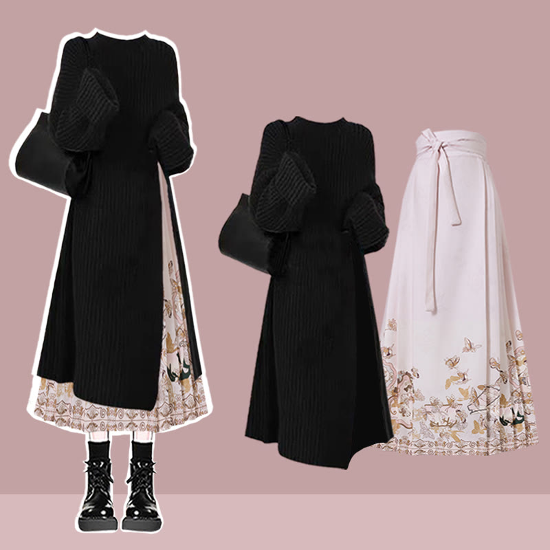 Knit Sweater Dress Flower Print Horse-face Skirt Matching Outfit - Set H - 3XL - image 10