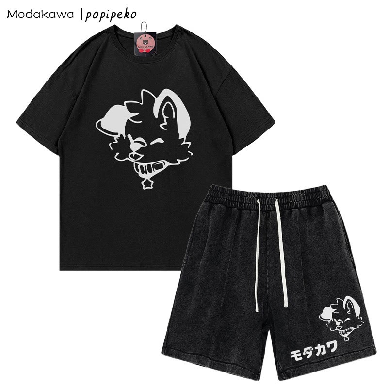 MODAKAWA X popipeko Puppy Letter T-shirt Vintage Washed Shorts Two Pieces Set - Black - 3XL - image 11