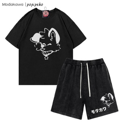 MODAKAWA X popipeko Puppy Letter T-shirt Vintage Washed Shorts Two Pieces Set - Black - 3XL - image 11
