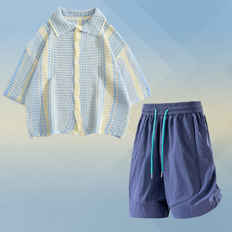 Stripe Knit Polo Shirt Quick Dry Drawstring Shorts Modakawa Matching Outfit - Two Pieces Set F - 2XL - image 6