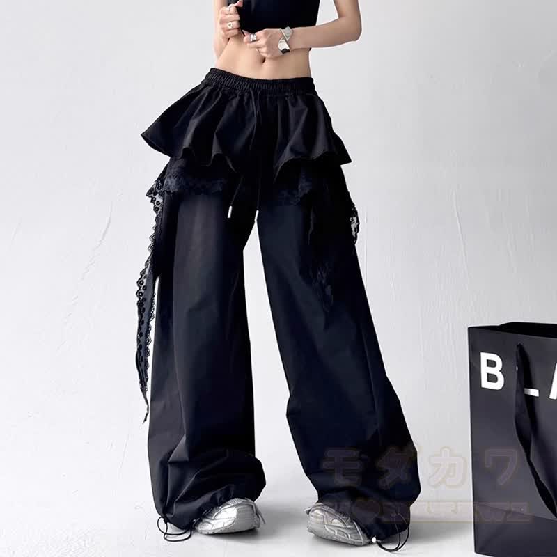 Y2K Punk Cropped Hoodie Lace Ruffle Layered Pants Two Pieces Set - Black Pants - 3XL - image 5