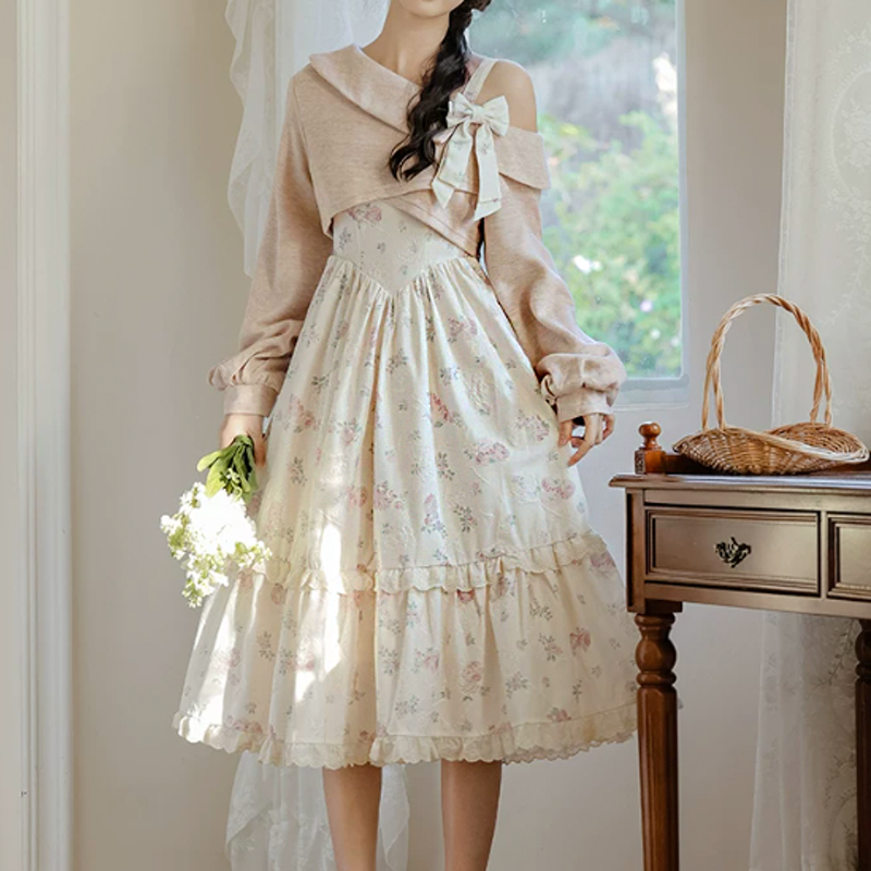 Elegent Off Shoulder Bow Knit Top Floral Ruffle Slip Dress Two Pieces Set  - image 6