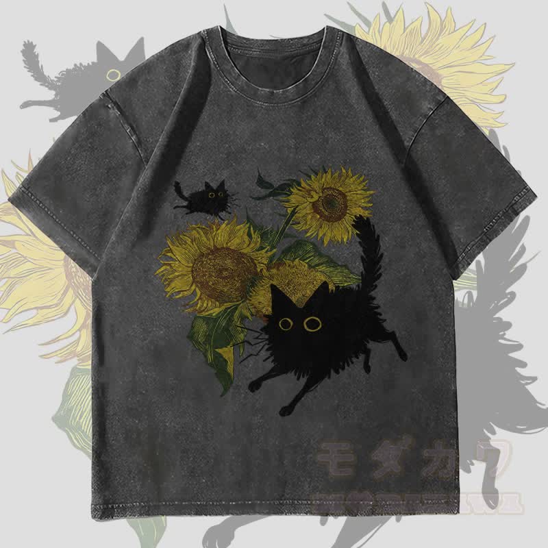 MODAKAWA Black Cat And Sunflowers Graphic Unisex Vintage Washed T-Shirt - Black - 4XL - image 4