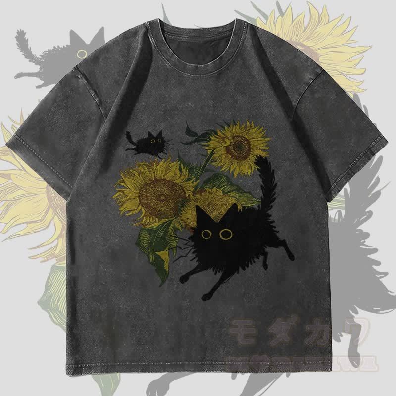 MODAKAWA Black Cat And Sunflowers Graphic Unisex Vintage Washed T-Shirt - Black - 4XL - image 4