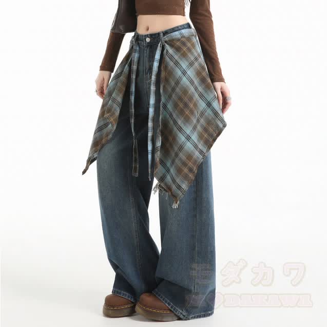 Vintage Wide Leg Ripped Jeans with Plaid Strap - image 4